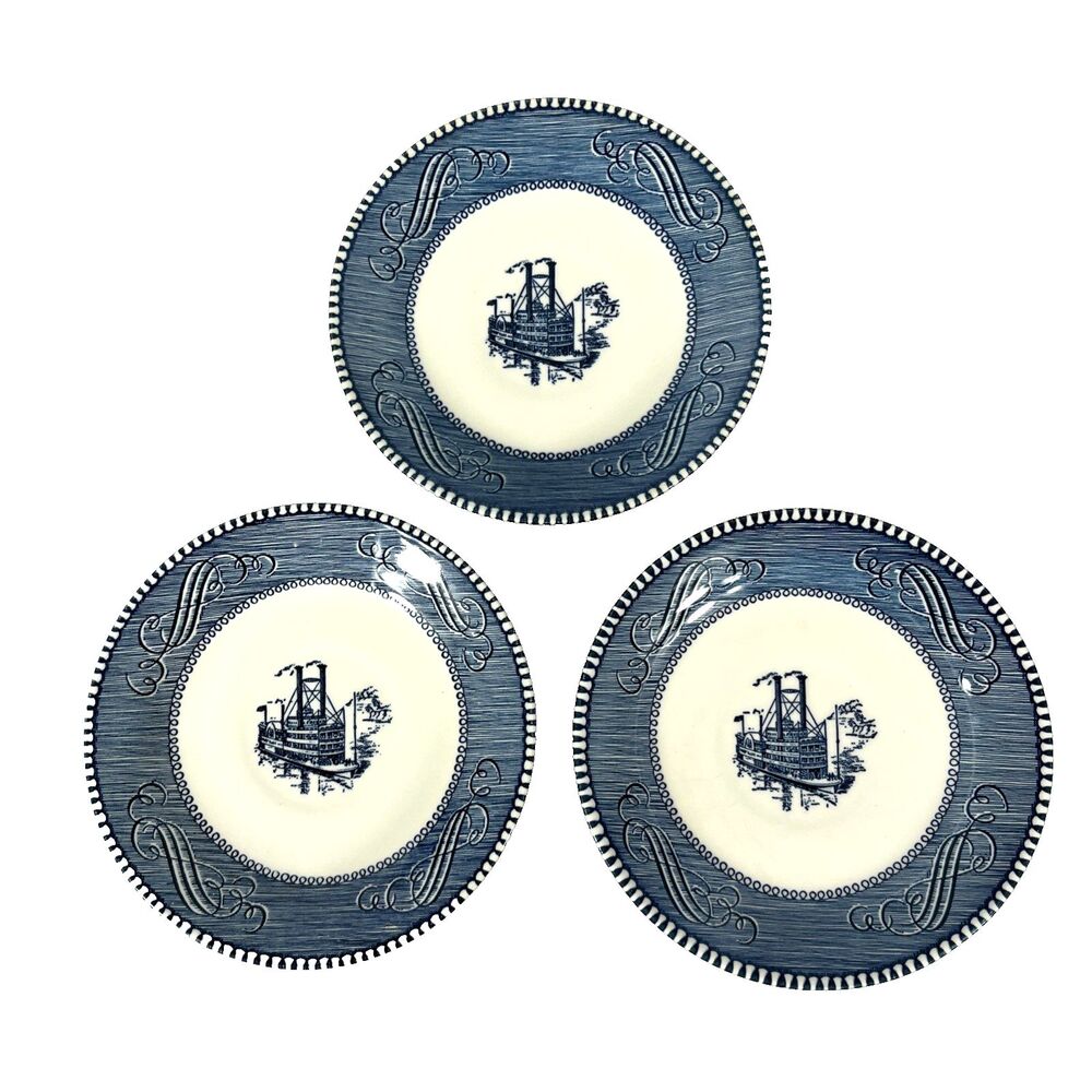 Currier & Ives Royal Blue And White Steamboat Pattern Saucer Plates 6" Set Of 3